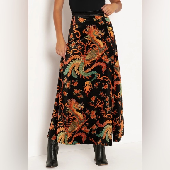 NWOT Dragon Rising Velvet Single Split Maxi Skirt, Blackmilk size small - Picture 6 of 10